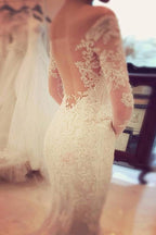 Encantador Vestido de Novia de Encaje de Manga Larga con Hombros Descubiertos y Corte Sirena