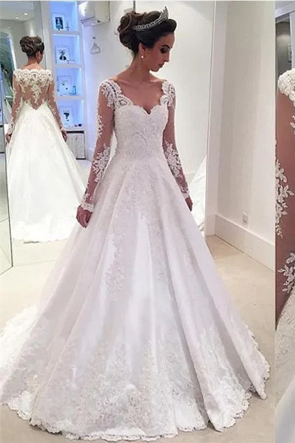 Reizendes A-Linien-Brautkleid mit V-Ausschnitt, Applikationen und langen Ärmeln