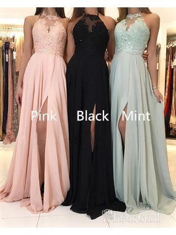 Long Bridesmaid Dresses Lace Top Chiffon Formal Dress with Slit