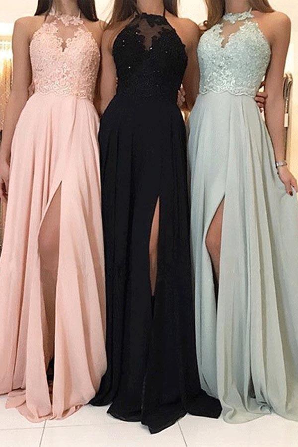 Langes Brautjungfernkleid aus Chiffon mit Spitze und Schlitz