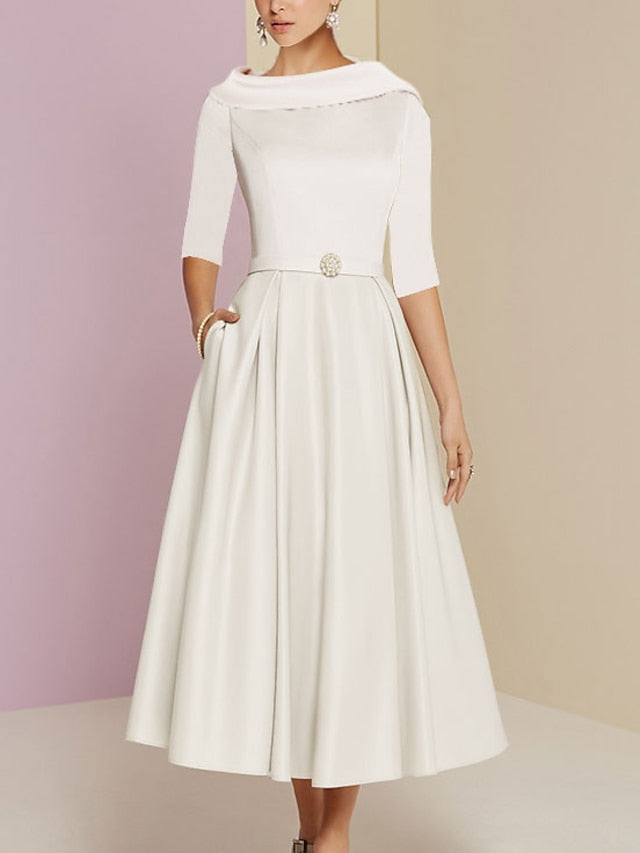 A-Linien-/Prinzessinnen-Kleid mit Rundhalsausschnitt, halben Ärmeln, Teelänge, Taschen und Falten für die Mutter der Braut 