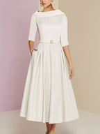 Vestidos de madre de la novia de corte A/princesa, escote joya, media manga, largo hasta la rodilla, con bolsillos y pliegues 