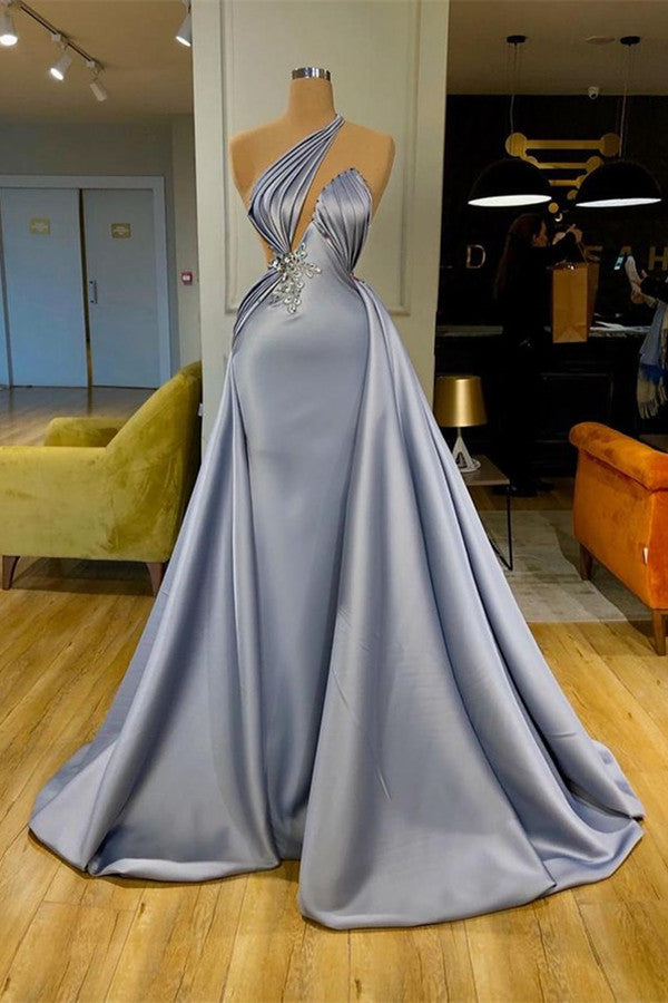 Chic Halter Long Evening Dress With Detachable Skirt Beadings