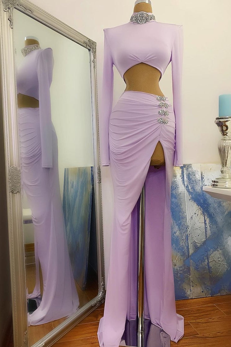 Elegantes Meerjungfrauen-Abendkleid mit hohem Schlitz und hohem Kragen im Angebot, lange Ärmel