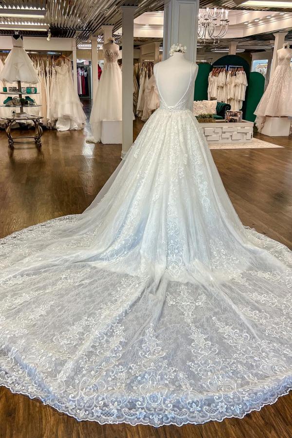 Elegante, lange A-Linien-Hochzeitskleider mit V-Ausschnitt, floraler Spitze und offenem Rücken