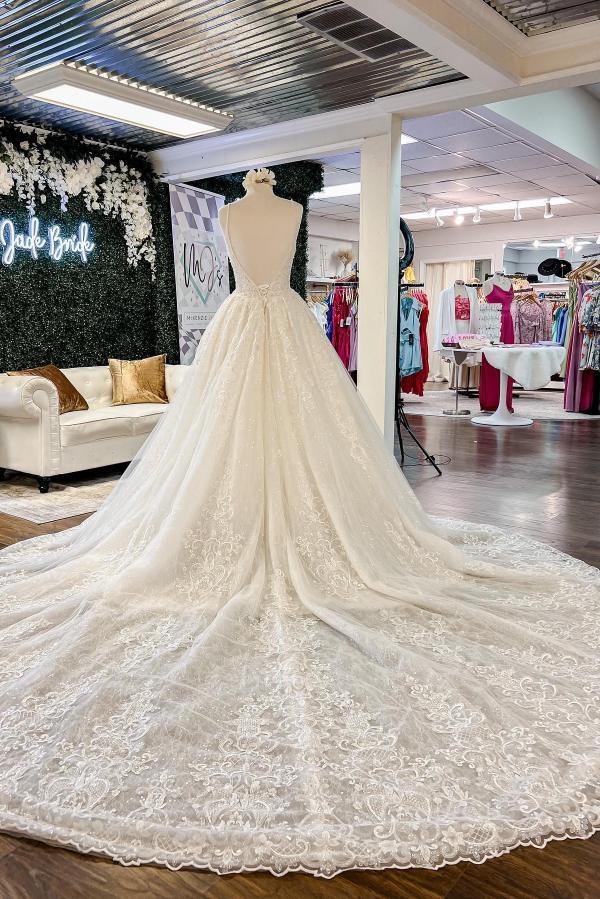 Elegante, lange A-Linien-Hochzeitskleider mit V-Ausschnitt, floraler Spitze und offenem Rücken