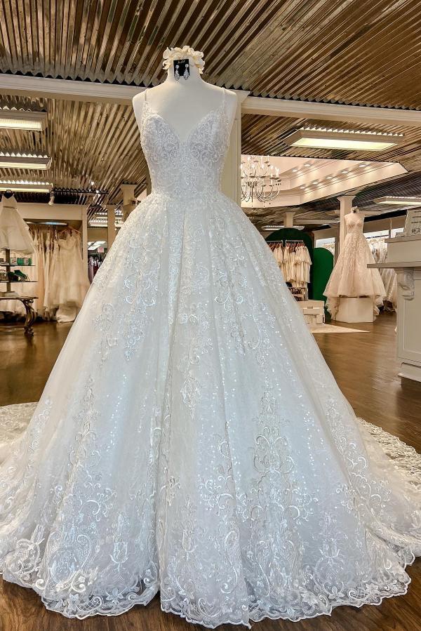 Elegante, lange A-Linien-Hochzeitskleider mit V-Ausschnitt, floraler Spitze und offenem Rücken