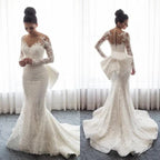 Elegantes Meerjungfrauen-Brautkleid aus Spitze mit langen Ärmeln und abnehmbarer Schleppe