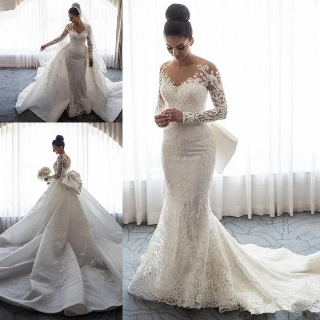 Elegantes Meerjungfrauen-Brautkleid aus Spitze mit langen Ärmeln und abnehmbarer Schleppe
