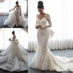 Elegantes Meerjungfrauen-Brautkleid aus Spitze mit langen Ärmeln und abnehmbarer Schleppe