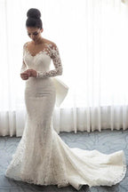 Elegantes Meerjungfrauen-Brautkleid aus Spitze mit langen Ärmeln und abnehmbarer Schleppe