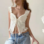 Chic Retro Lace Trim Tie Backless Crop Top