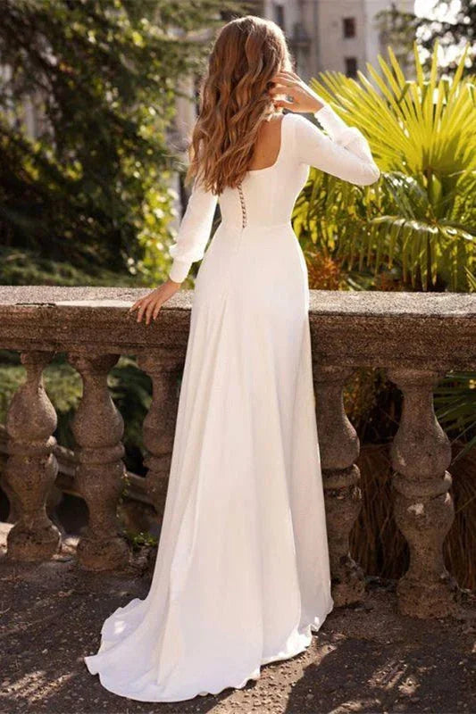 Elegantes vestidos de novia de satén blanco con mangas largas y corte A 