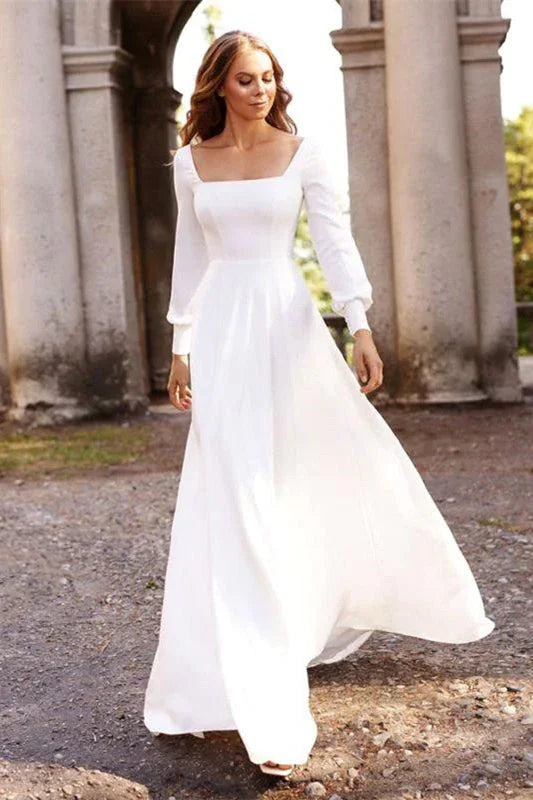 Elegantes vestidos de novia de satén blanco con mangas largas y corte A 