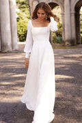 Elegantes vestidos de novia de satén blanco con mangas largas y corte A 