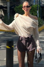 Chiffon Floral Off-the-Shoulder Fitted Blouse