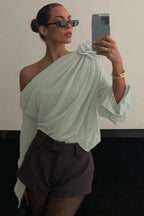 Chiffon Floral Off-the-Shoulder Fitted Blouse