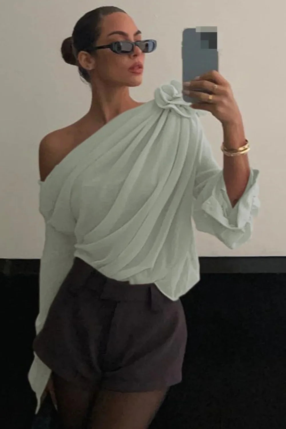 Chiffon Floral Off-the-Shoulder Fitted Blouse