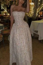 Chiffon Pleated Floral Off Shoulder Maxi Dress