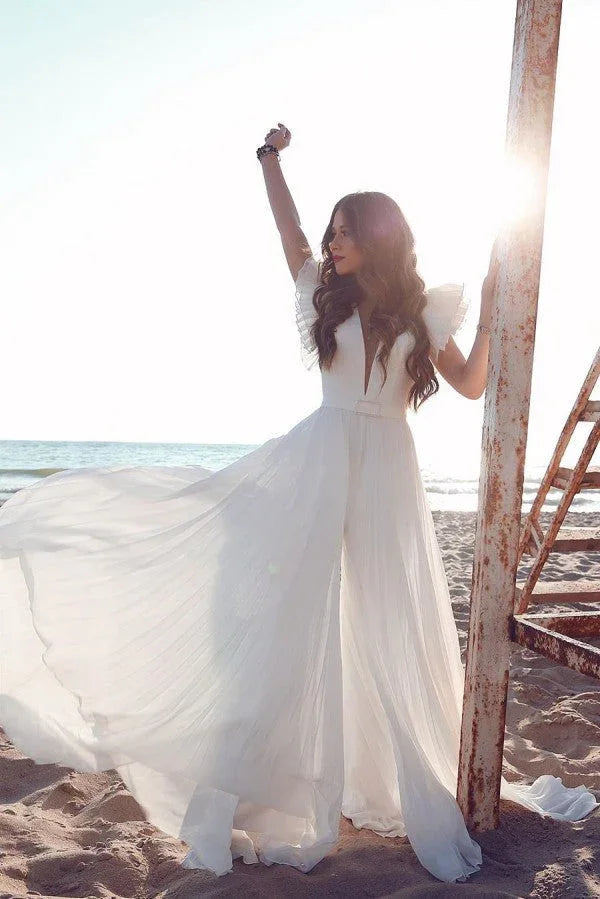Sommerliches Strandhochzeitskleid aus Chiffon mit Rüschenärmeln und V-Ausschnitt