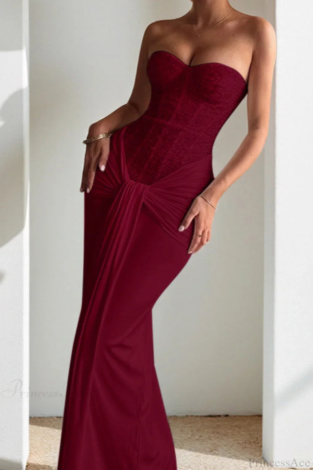 Chiffon Sash Strapless Fitted Maxi Dress