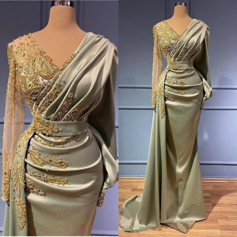 Klassisches Meerjungfrauen-Ballkleid mit V-Ausschnitt, langes Ballkleid mit Applikationen und langen Ärmeln