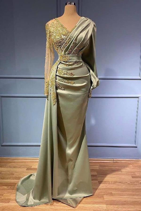 Klassisches Meerjungfrauen-Ballkleid mit V-Ausschnitt, langes Ballkleid mit Applikationen und langen Ärmeln