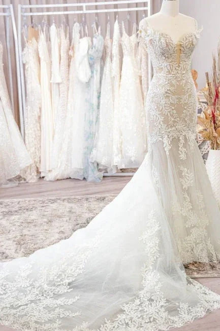 Elegante schulterfreie, ärmellose Meerjungfrauen-Hochzeitskleider aus Spitze mit Applikationen 