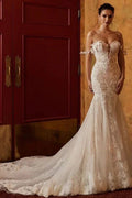 Elegante schulterfreie, ärmellose Meerjungfrauen-Hochzeitskleider aus Spitze mit Applikationen 