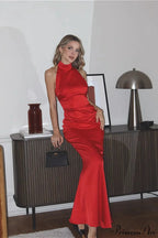 Classy Satin Sleeveless Halter Slim Mermaid Maxi Dress