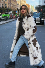 Color Block Animal Print Faux Fur Long Overcoat