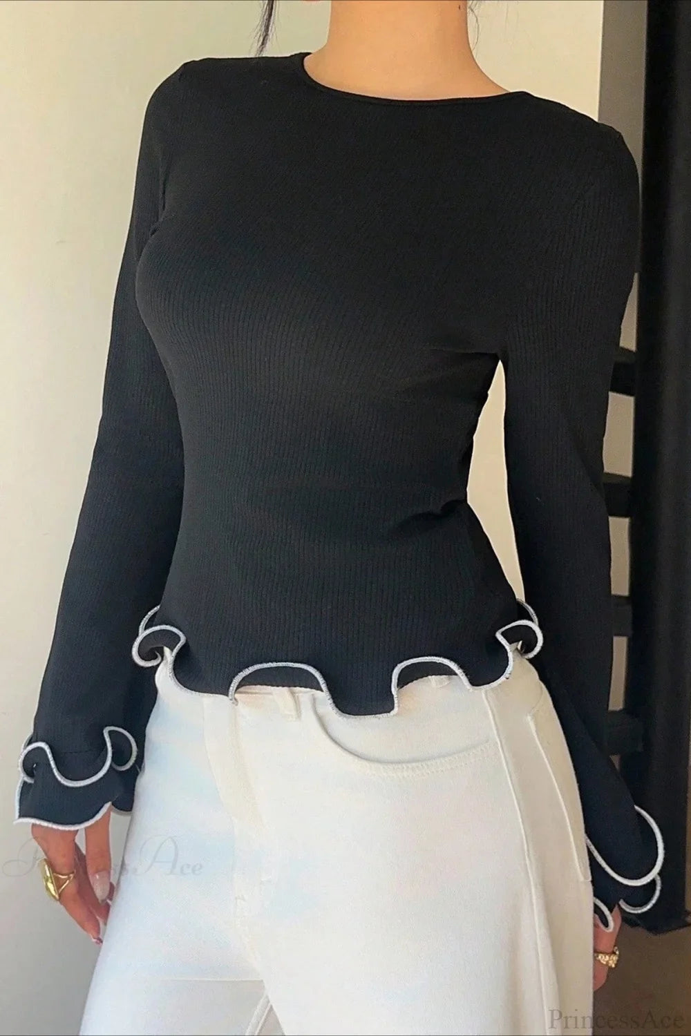 Color Block Ruffle Trim Slim Crew Neck Long Sleeve Tee