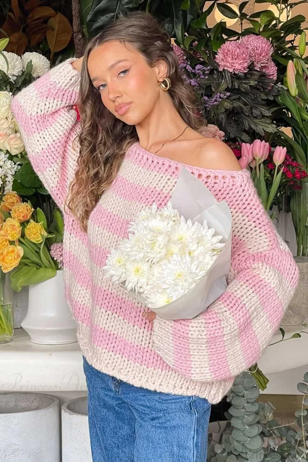 Colorblock Off-the-shoulder Stripe Casual Loose Sweater