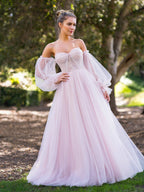A-line Corset Off The Shoulder Floor Length Tulle Prom Dress with lace appliques