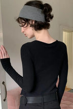 Cotton Cropped Faux Two-Piece Slim Long Sleeve Tee
