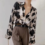 Cow Print Button Up Long Sleeve Blouse