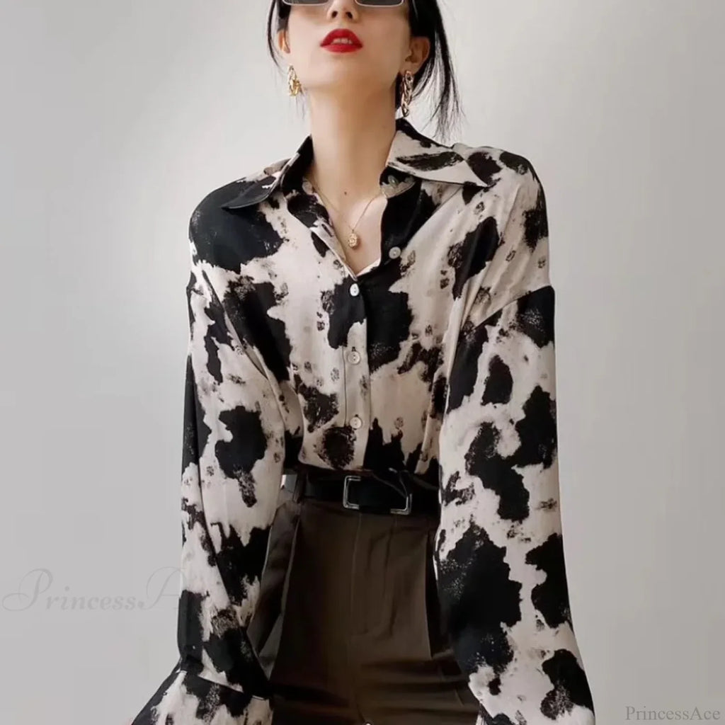 Cow Print Button Up Long Sleeve Blouse
