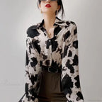 Cow Print Button Up Long Sleeve Blouse