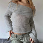 Cozy Off Shoulder Knitted Sweater Lazy Long Sleeve Pullovers Women