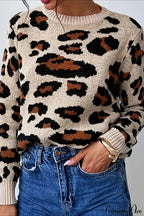 Crew Neck Leopard Pattern Knit Sweater