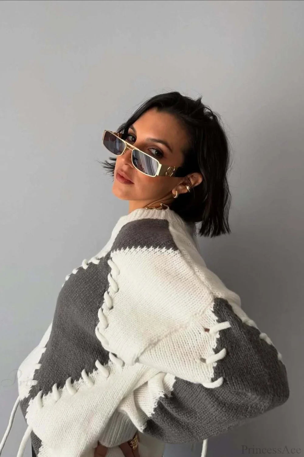 Crew Neck Long Sleeve Contrast Argyle Drawcord Sweater