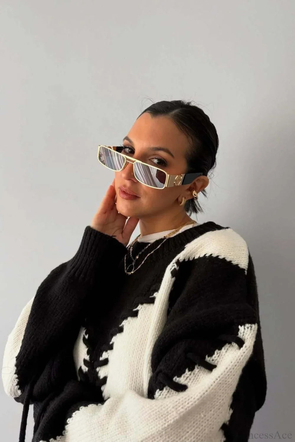 Crew Neck Long Sleeve Contrast Argyle Drawcord Sweater