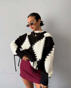 Crew Neck Long Sleeve Contrast Argyle Drawcord Sweater