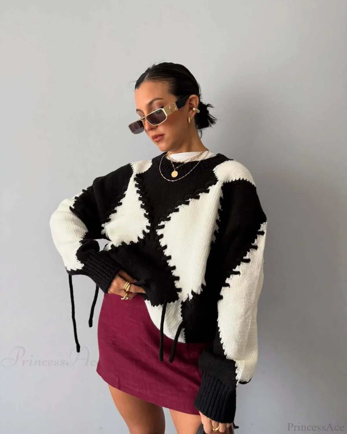 Crew Neck Long Sleeve Contrast Argyle Drawcord Sweater
