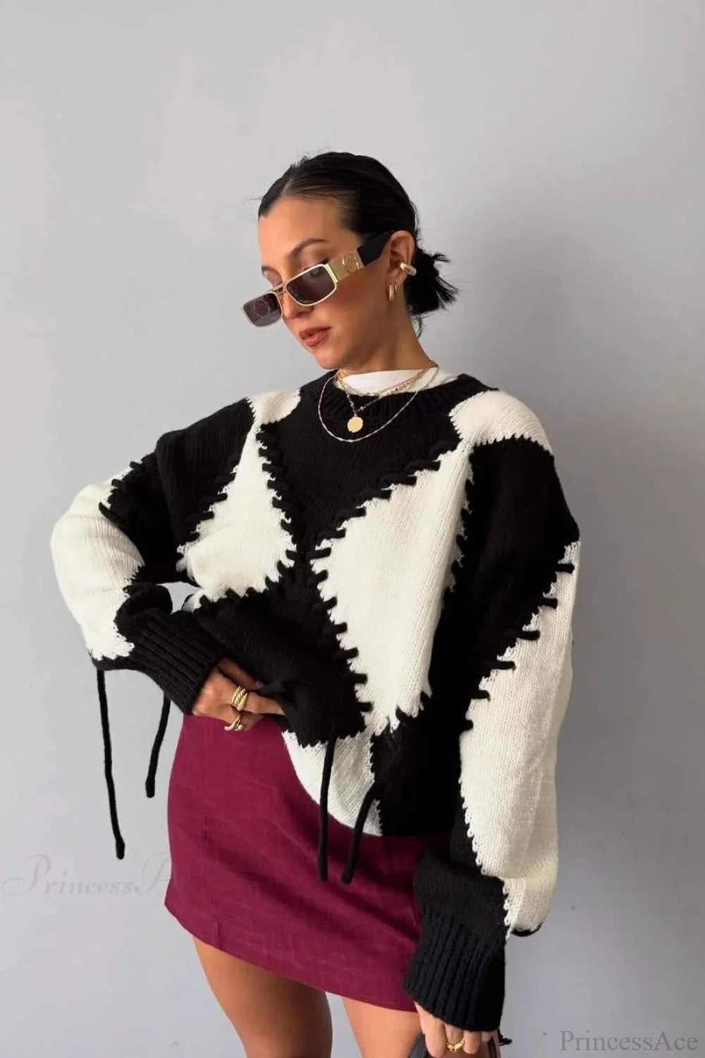 Crew Neck Long Sleeve Contrast Argyle Drawcord Sweater