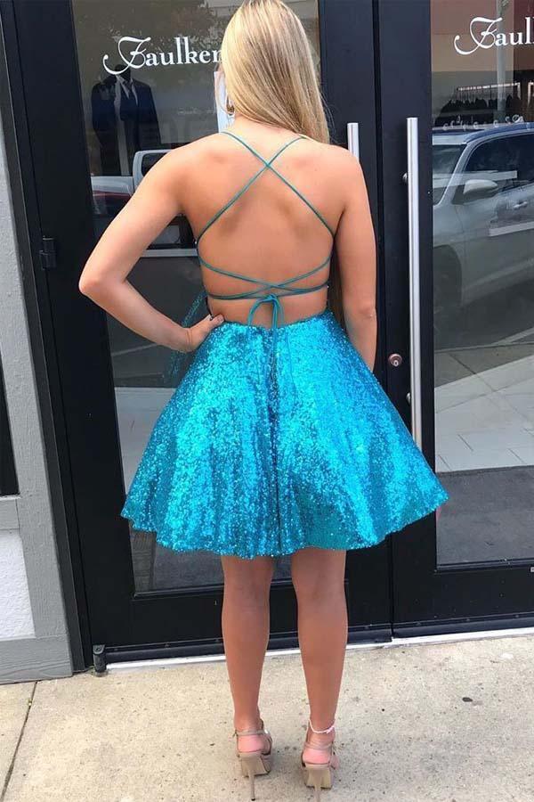 Criss Cross A-Line Short Prom Dress Sequins Homecoming Dress