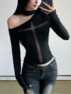 Cross Mesh Patchwork Knit Top