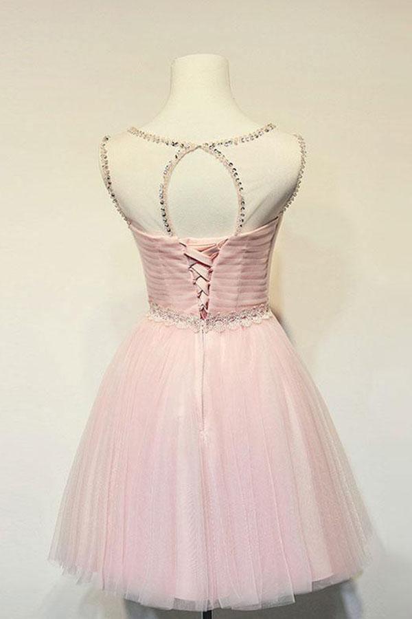 Bonito vestido de fiesta corto de tul con cuello redondo y corte A para regreso a casa