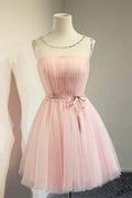 Bonito vestido de fiesta corto de tul con cuello redondo y corte A para regreso a casa