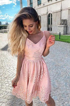 Cute A Line V Neck Spaghetti Straps Blush Lace Homecoming Dresses